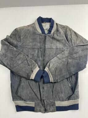 Jacket Mens 48 Gray Leather Bomber Full Zip Knit Trim Lined Casual Fall Read